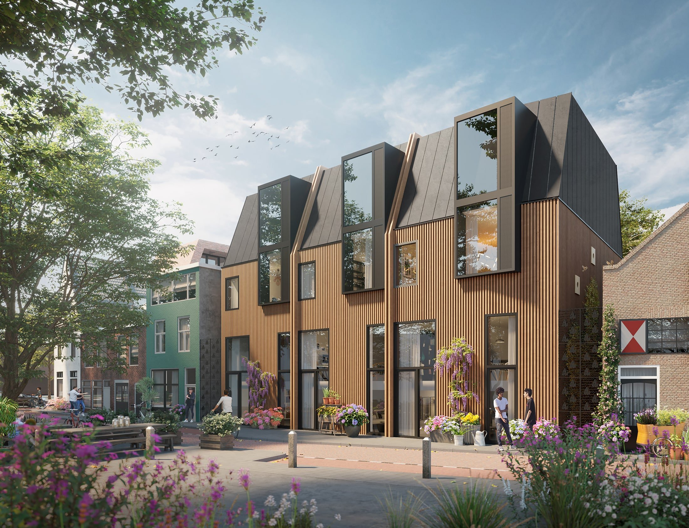 Artistieke weergave van het flatgebouw Fietsznfabriek Haarlem in een stad, gepresenteerd in 3D.