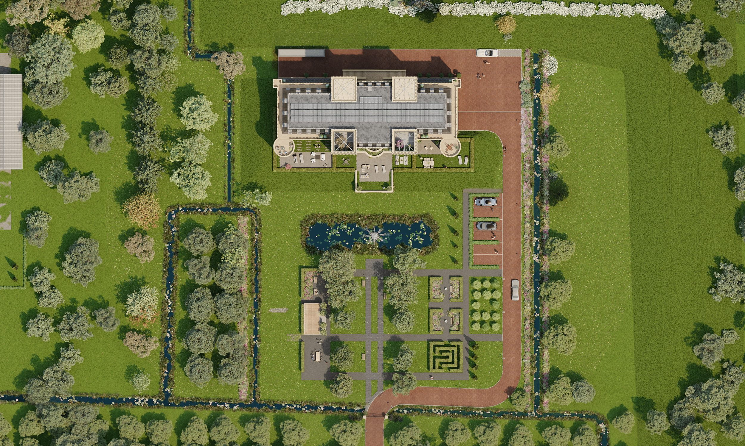 Een 3D-weergave van een landhuis Plattegronden.