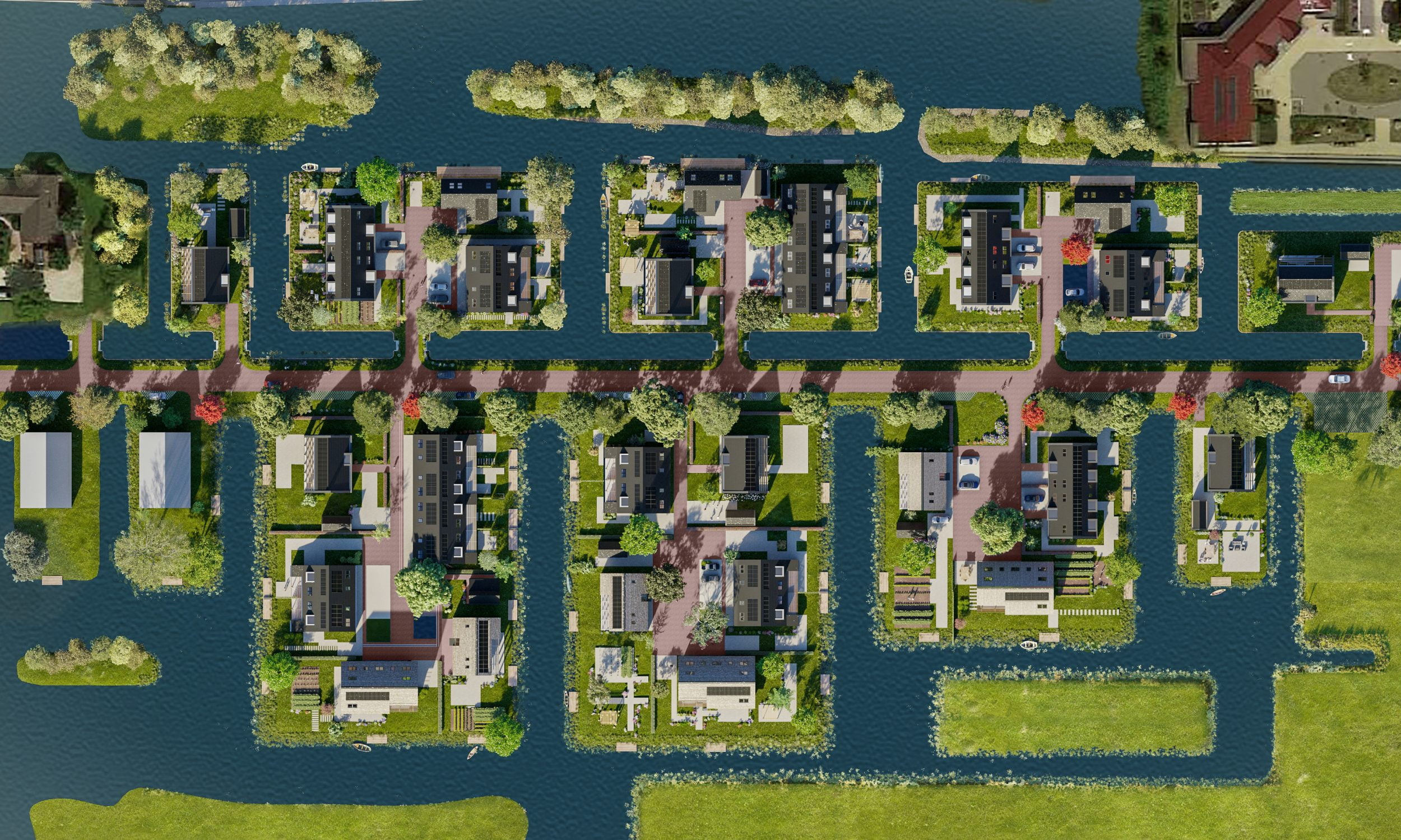 Een luchtfoto van een woonwijk met een gracht met Plattegronden.