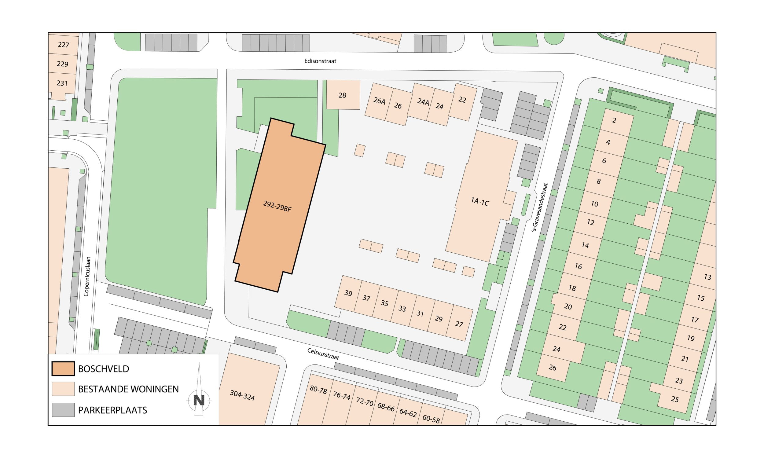 Een Plattegronden met locaties van gebouwen en parkeerplaatsen.