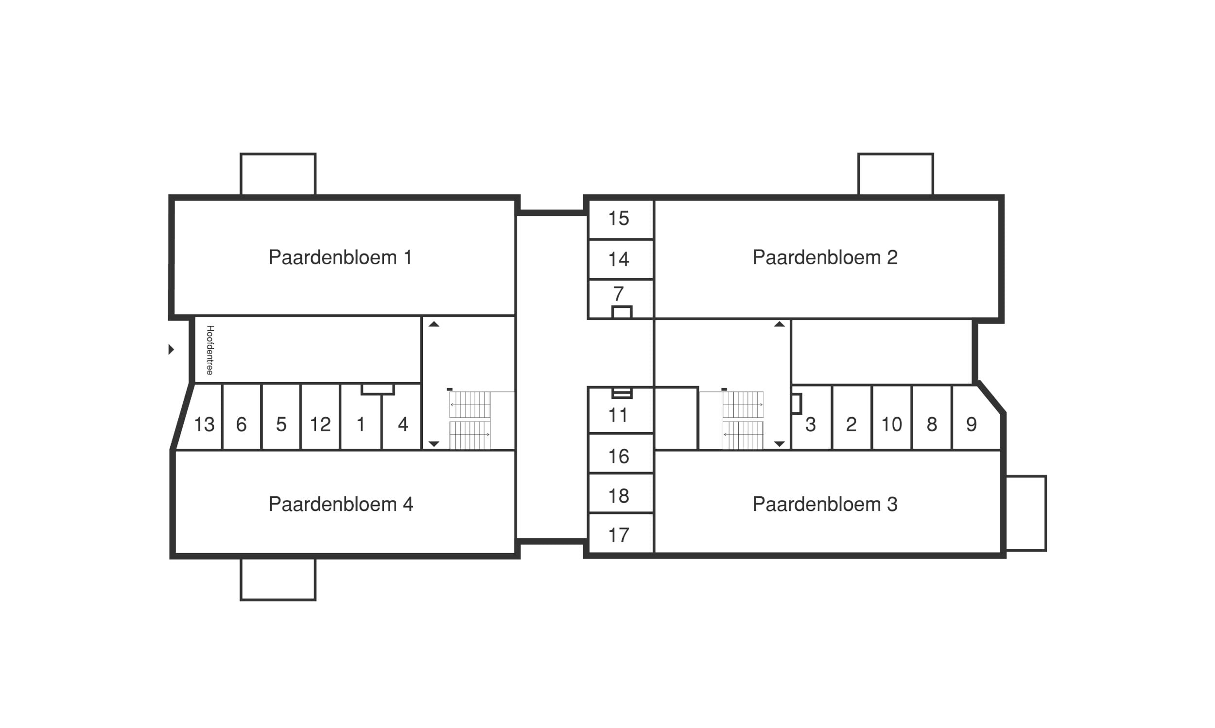 Een plattegrond van een huis met twee verdiepingen, ook wel "plattegronden" genoemd.