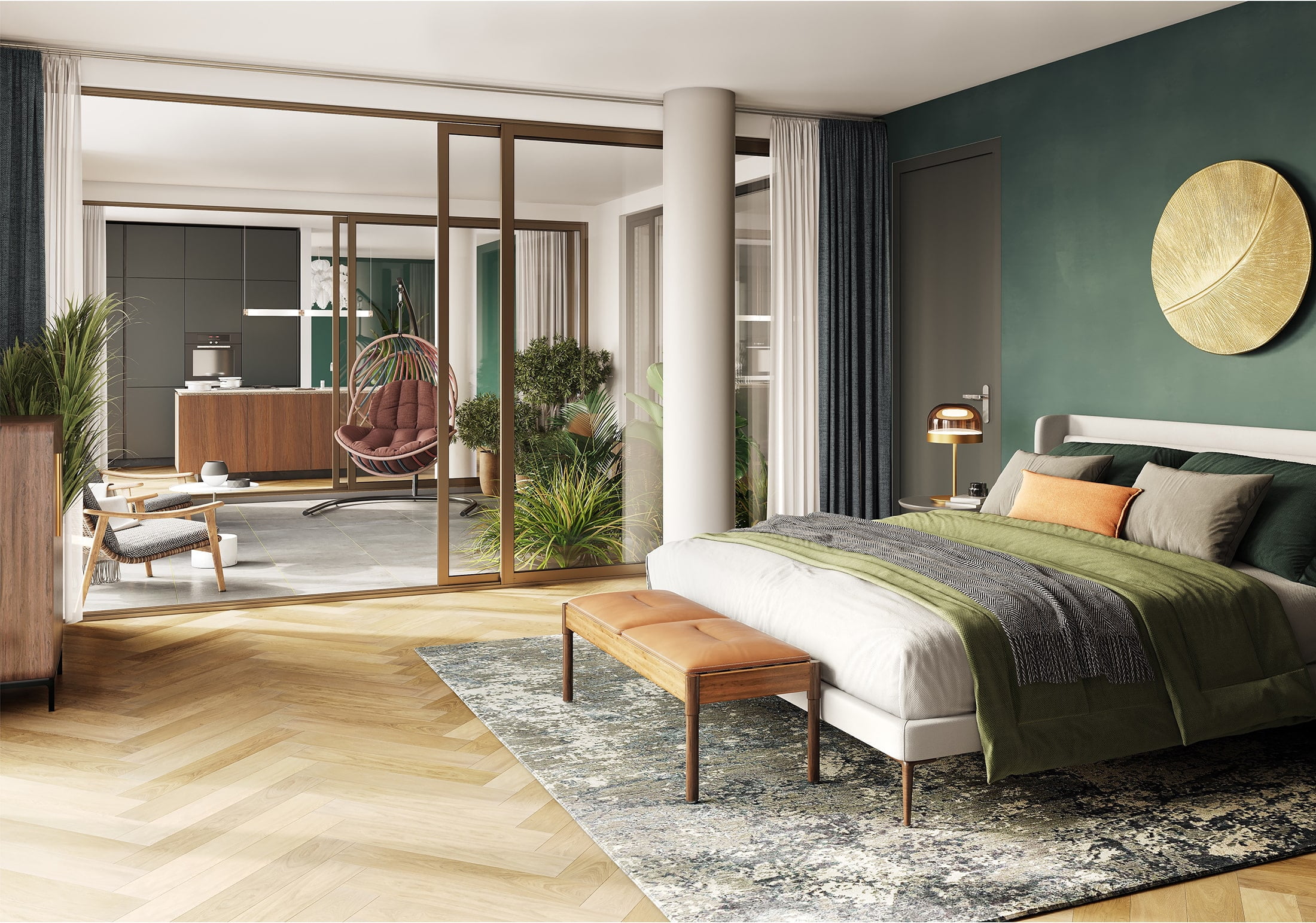 Interieurimpressies van een slaapkamer met groene muren en houten vloeren.