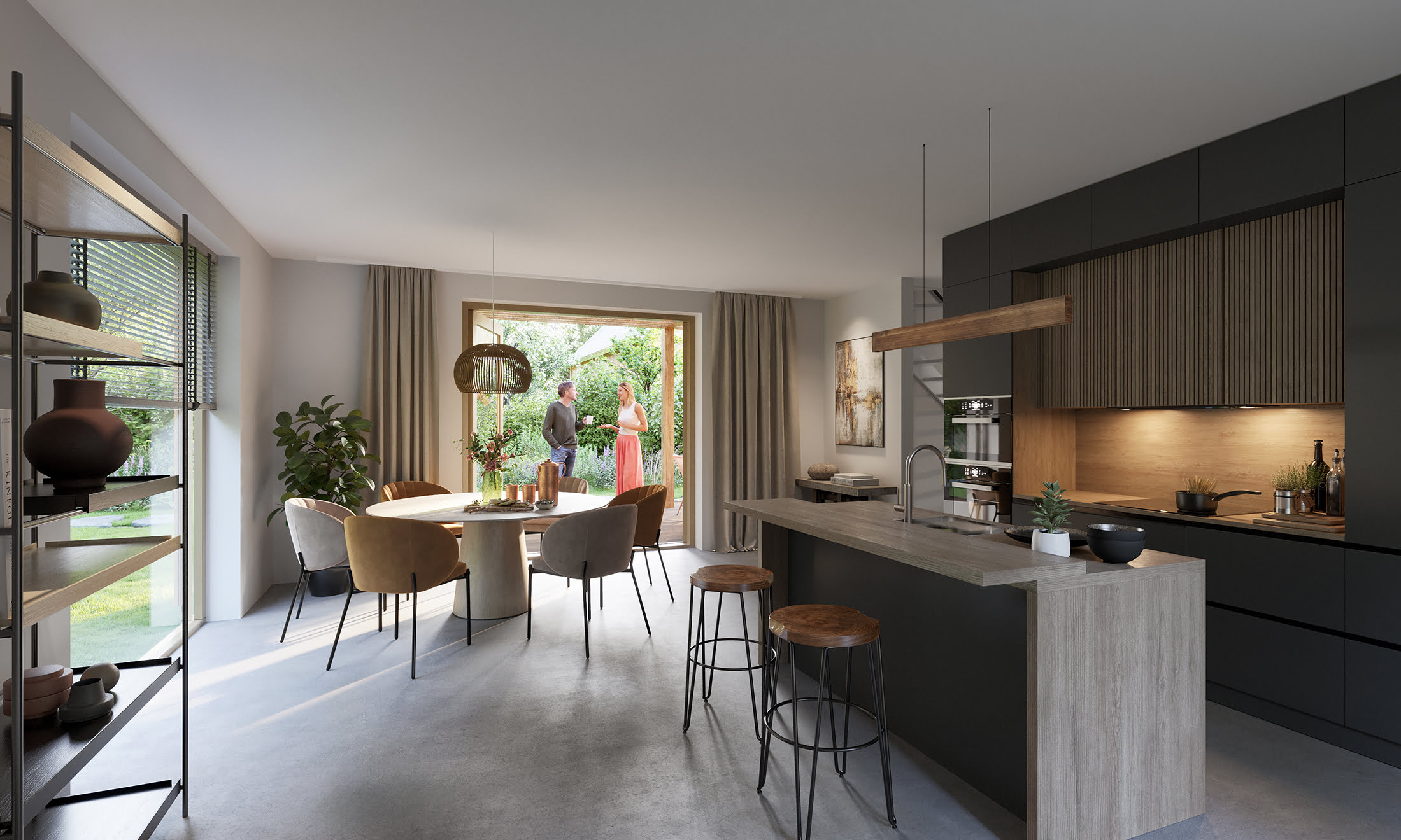 Een 3D-weergave van het Monnikenpark Hilversum, met het ontwerp van een keuken en eetkamer.